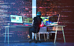 Digital coding, hacker woman and computer monitor for cybersecurity, programming and big data. Server hack, dashboard and technology of a female working on futuristic, iot and software database 