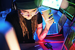 Typing, computer or girl hacker in dark room at night for coding, phishing or researching blockchain. Ai, programmer or woman hacking online in digital cybersecurity on global website drinking coffee