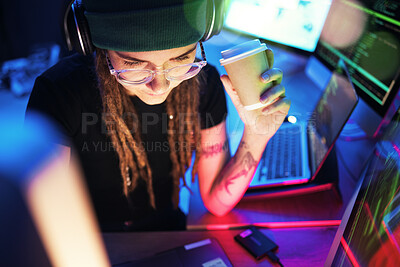 Buy stock photo Coffee, computer or girl hacker in night office for coding, phishing or researching blockchain tech. Pc data, programmer or woman hacking online in digital cybersecurity on global website or internet