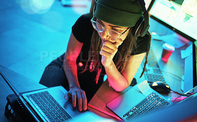 Buy stock photo Laptop, woman and hacker thinking with music and programming for cybersecurity. Neon top view, headphones and coder reading information for hacking while streaming radio on dark web at night in home.
