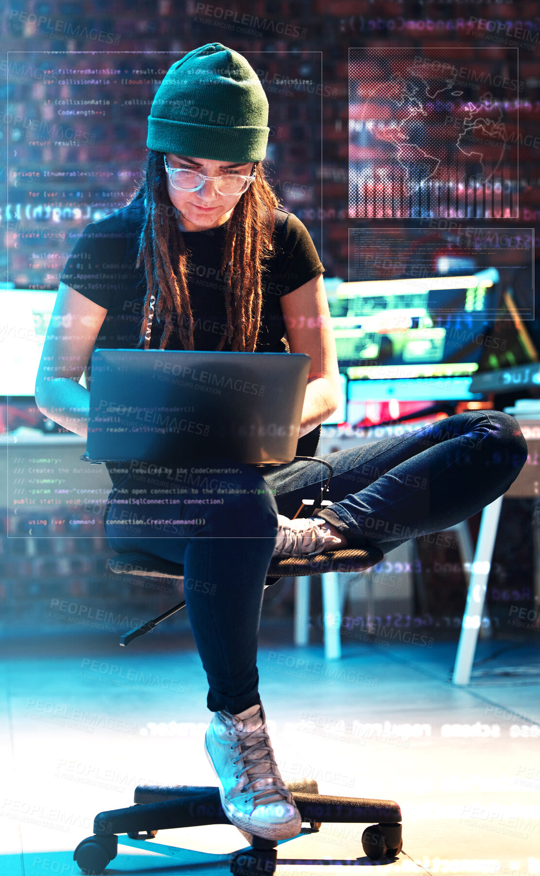 Buy stock photo Woman, laptop or hologram chart in hacker office on stock market analytics, finance research or future data. Financial investment info, phishing or girl trader typing digital graphs forecast