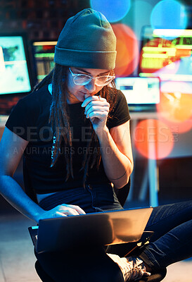 Buy stock photo Woman, laptop and hacker thinking, typing or programming, software or cybersecurity. Neon, computer and it coder or programmer reading information for hacking idea while on dark web at night in home.