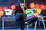Woman hacker, night and thinking with laptop for glitch, coding and data analysis for information technology. IT code expert, dark web and cyber crime with computer for problem solving on internet