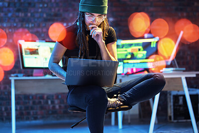 Buy stock photo Woman hacker, night and thinking with laptop for glitch, coding and data analysis for information technology. IT code expert, dark web and cyber crime with computer for problem solving on internet