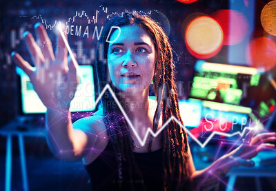 Buy stock photo Woman hacker, night and hologram overlay for economy, online banking system and graph for data analysis. IT expert, dark web and cyber crime in computer lab with holographic display for market trend