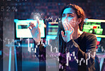 Woman, touch or hologram chart in night office on stock market analytics, finance planning or future growth. Financial data, girl trading or hands on 3d screen interactive ux digital graphs forecast 
