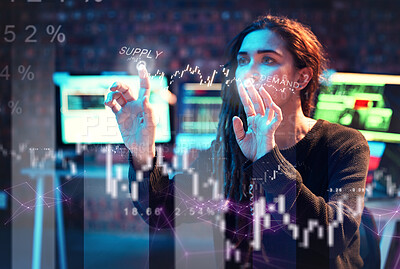 Buy stock photo Woman hacker, finance or hologram chart in night office on stock market analytics, touch planning or growth. Financial data, girl trading or hands on 3d screen interactive ux digital graphs forecast 
