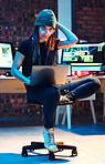 Woman hacker, night and think with laptop, confused and coding with data analysis for information technology. IT code expert, computer or cyber crime with problem solving, thinking and development