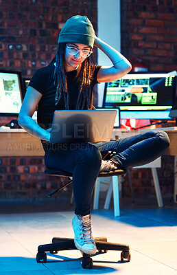 Buy stock photo Woman hacker, night and think with laptop, confused and coding with data analysis for information technology. Female IT expert, computer or cyber crime with problem solving, thinking and development