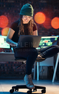 Buy stock photo Laptop, woman and hacker typing in home for programming, software or cybersecurity. Smile, computer and happy female coder or it programmer with ransomware for hacking while on dark web at night.