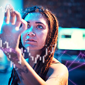 Woman crypto, night and hologram overlay for economy, online banking ...