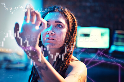 Buy stock photo Woman hacker, night and hologram overlay for online banking system, crypto graph and data analysis. Trading expert, dark web and cyber crime in computer lab with holographic chart for market study