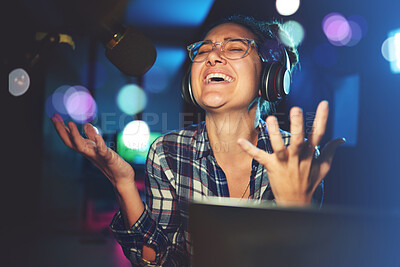 Buy stock photo Radio DJ, headphone and microphone, woman is excited with singing or talking, broadcast media and announcement. Female in studio booth, recording and happiness with smile, excitement and carefree