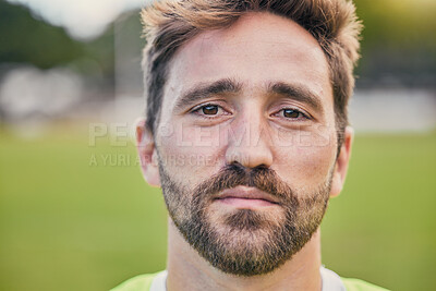 Buy stock photo Rugby, field and portrait of man with serious expression, confidence and pride in winning game. Fitness, sports and zoom on face of player ready for match, workout or competition on grass at stadium.