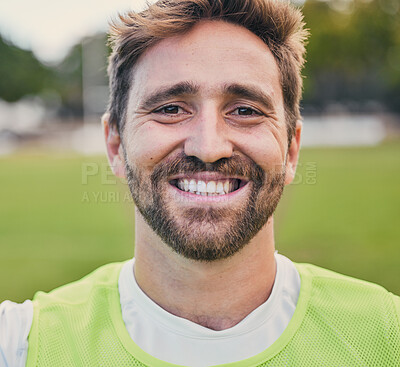Buy stock photo Rugby, field and portrait of man with smile, confidence and happiness in winning game. Fitness, sports and cropped face of happy player ready for match, workout or competition on grass at stadium.