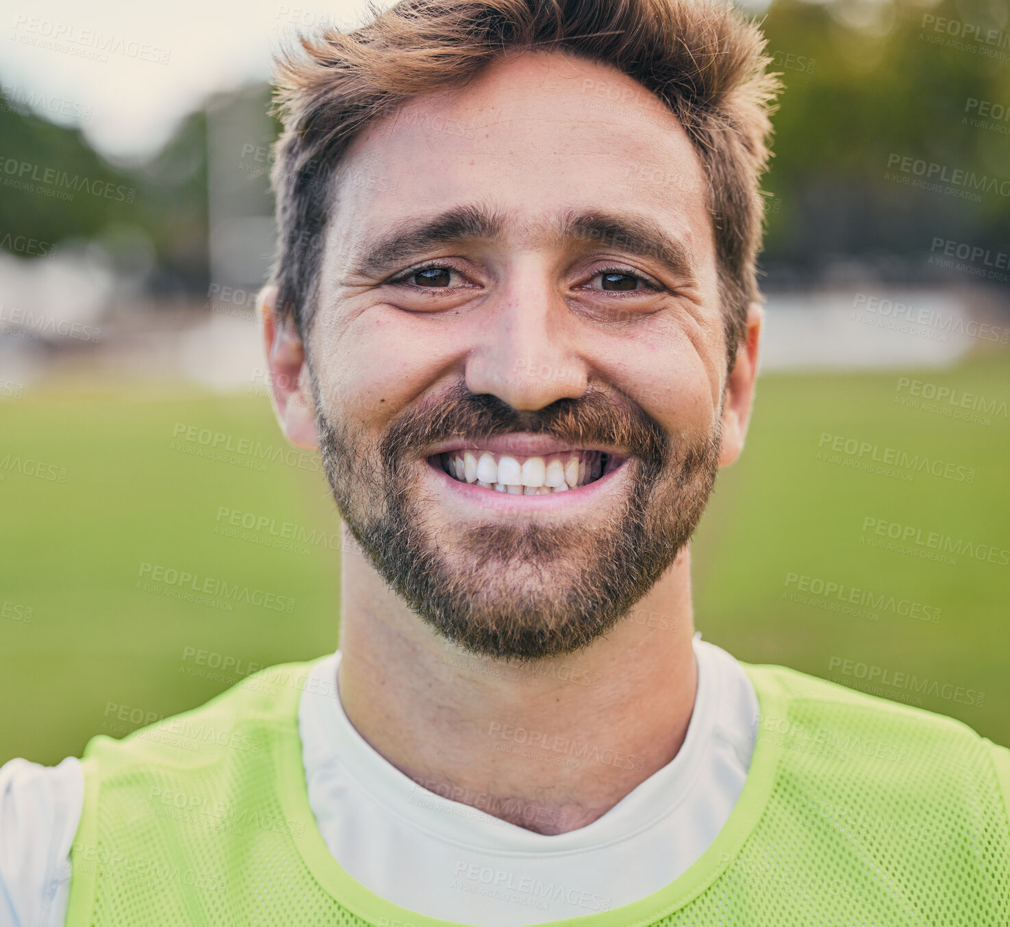 Buy stock photo Rugby, field and portrait of man with smile, confidence and happiness in winning game. Fitness, sports and cropped face of happy player ready for match, workout or competition on grass at stadium.