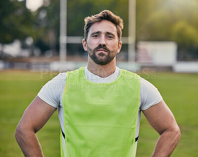 Buy stock photo Rugby, game and portrait of man with confidence, serious expression and pride in winning game on field. Fitness, sports and face of player ready for match, workout or competition on grass at stadium.