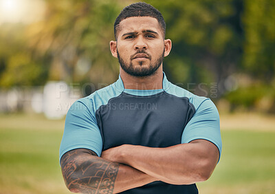 Buy stock photo Rugby, field and portrait of confident man with serious expression, confidence and pride in winning game. Fitness, sports and proud face of player at match, workout or competition on grass at stadium