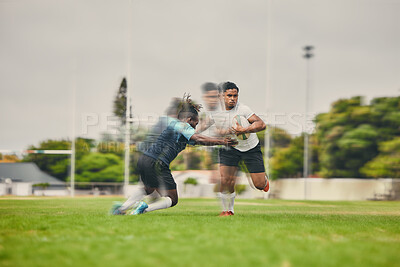 Rugby people running fast on field for competition, game or match strategy, energy and focus for team goals. Speed of sports men or athlete on pitch for gaming event outdoor in action or motion blur
