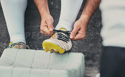 Buy stock photo Rugby, tie shoes or sports man ready to start playing a training game for cardio exercise or workout. Zoom, fitness or hands of athlete player with footwear or boots in outdoor stadium in France