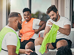 Team, sports and rugby men on bench with planning, relax or conversation for diversity, solidarity or advice. Group teamwork, college or professional sport at stadium for fitness, friends or training