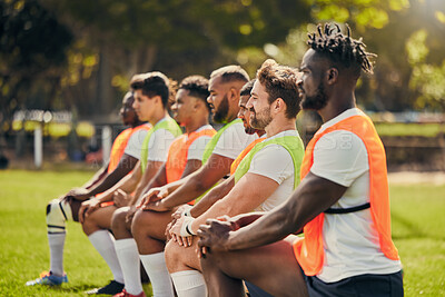 Buy stock photo Rugby sport, diversity and men training outdoor on a grass field with a team on knee. Athlete group together for fitness, exercise and workout for professional sports club and strong teamwork