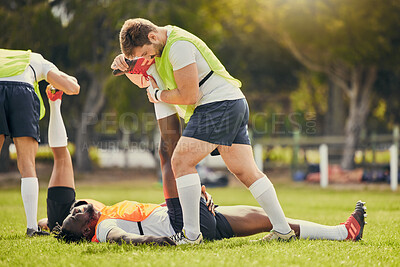 Buy stock photo Rugby sports, men training and stretching outdoor on grass field with team warm up for legs. Athlete group together for fitness, exercise and workout for professional sport with coach and teamwork