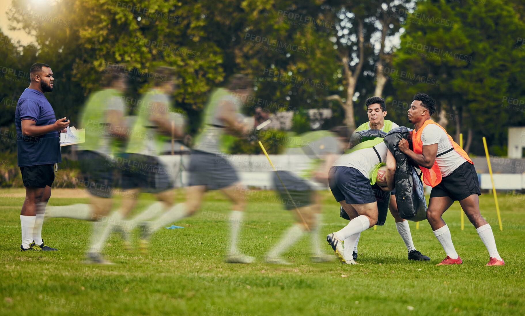 Buy stock photo Rugby men, running or sports sequence on field for game practice or match training for team goals. Speed of athlete players in strong tackle on pitch for gaming event outdoor in action or motion blur