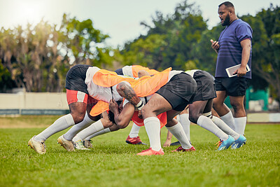 Buy stock photo Rugby, scrum or men training with coach on grass field ready for match, practice or sports game. Fitness, performance or strong athletes in tackle for warm up, exercise and workout for a competition