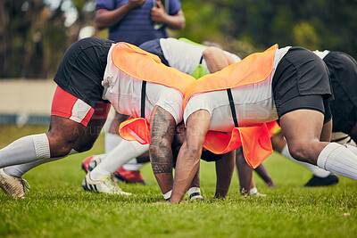 Buy stock photo Rugby, scrum and team of men training on grass field ready for match, practice and sports game. Fitness, performance and male athletes in tackle for warm up, exercise and workout for competition