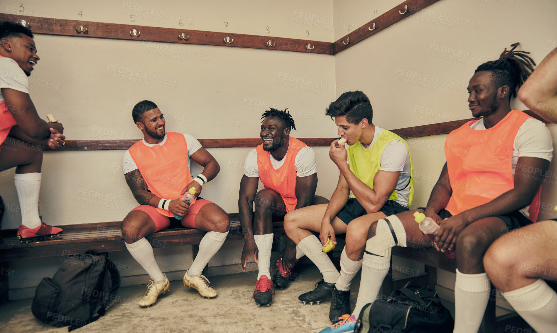 Buy stock photo Locker room, motivation and rugby team laughing together in strategy discussion or game plan. Training, fitness and group of winning sports players planning teamwork, happy men in cloakroom together.