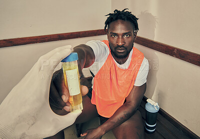 Buy stock photo Sports, doctor and a portrait of a black man with a pee test to check for cheating or drug use. Analysis, giving and an African sport player with a urine sample for testing during fitness practice