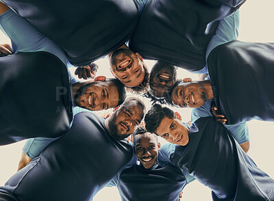 Buy stock photo Low angle, fitness or rugby team in huddle with support or solidarity for competition, training game. Men group, happy smile or athletes in sports match or exercise together with pride or mission