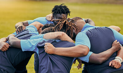 Buy stock photo Diversity, team and men huddle in sports for support, motivation or goals outdoors. Man sport group and rugby scrum together for fitness, teamwork or success in collaboration before match or game