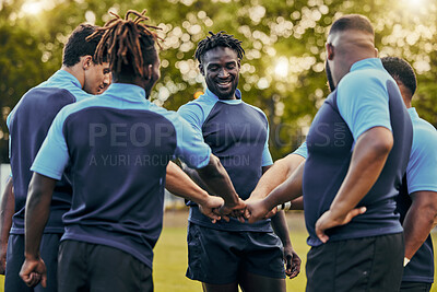 Buy stock photo Diversity, team and men fist bump in sports for support, motivation or goals outdoors. Man sport group putting hands together for fitness, teamwork or success in collaboration before match or game