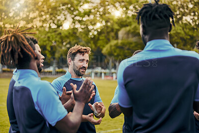 Buy stock photo Men, sports or applause rugby team on fitness break, exercise workout or talking in training game. Clapping, friends success or happy group of athletes bonding or speaking in practice match together