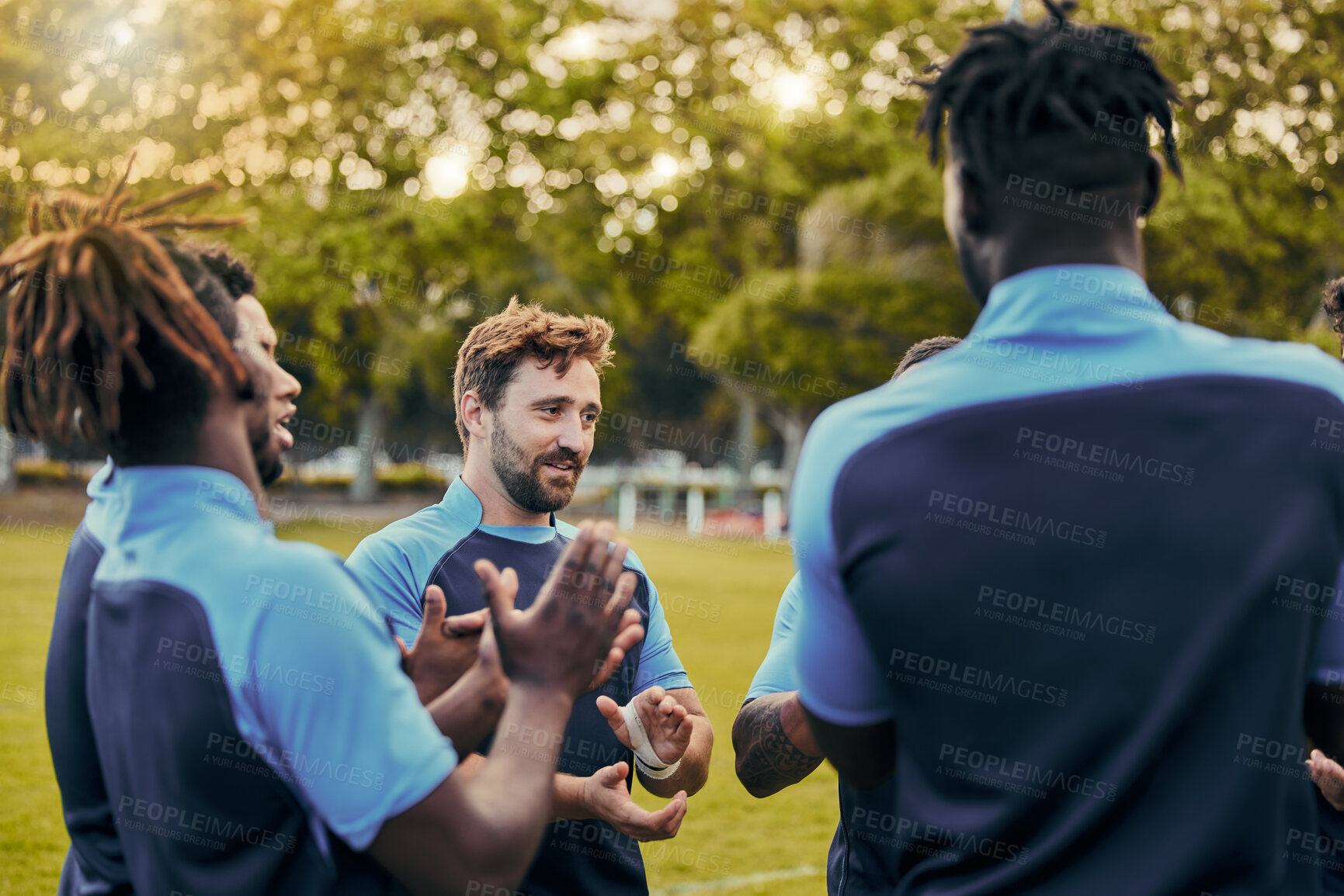 Buy stock photo Men, sports or applause rugby team on fitness break, exercise workout or talking in training game. Clapping, friends success or happy group of athletes bonding or speaking in practice match together