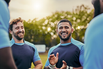 Buy stock photo Men, happy or laughing rugby team on fitness break, exercise workout or training in sports club game. Smile, funny friends relaxing or group of people bonding or talking in practice match together