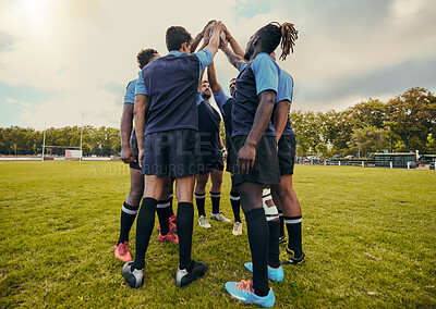 Buy stock photo Diversity, team and men with hands together in sports for support, motivation or goals on grass field. Sport group in rugby for fitness, teamwork or success in collaboration, match or game outdoors