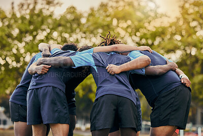 Buy stock photo Diversity, team and men huddle in sports for support, motivation or goals outdoors. Man sport group and rugby scrum together for fitness, teamwork or success in collaboration before match or game