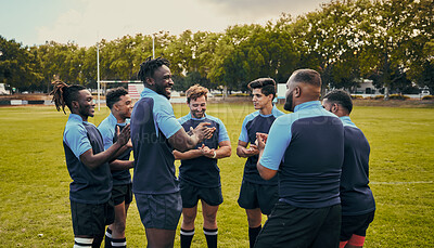 Buy stock photo Diversity, team and men applause in sports for support, motivation or goals on grass field outdoors. Sport group clapping in fitness, teamwork or success for match preparation or game