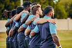 Rugby, team and sports with a group of men outdoor, standing together on a field before a competitive game. Collaboration, fitness and focus with teammates ready for sport at a stadium event