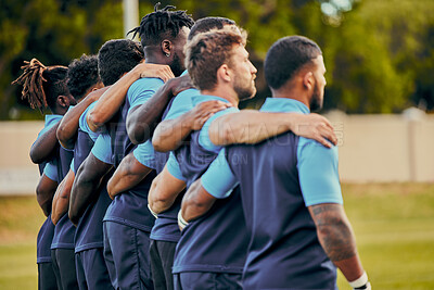 Buy stock photo Rugby, team and sports with a group of men outdoor, standing together on a field before a competitive game. Collaboration, fitness and focus with teammates ready for sport at a stadium event