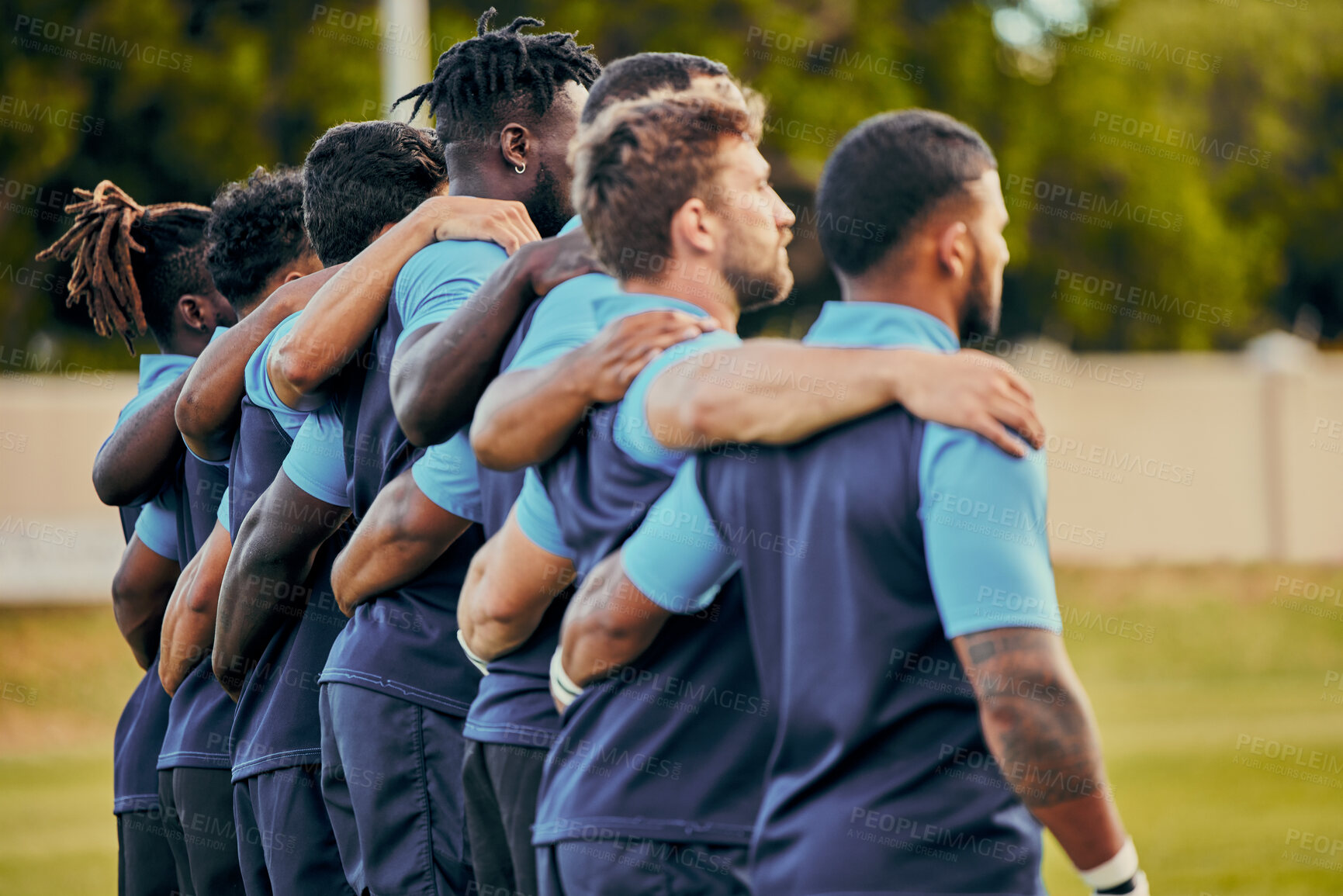 Buy stock photo Rugby, team and sports with a group of men outdoor, standing together on a field before a competitive game. Collaboration, fitness and focus with teammates ready for sport at a stadium event