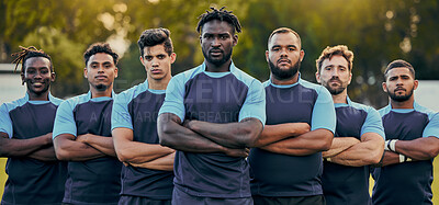 Buy stock photo Rugby, men and portrait of team with serious expression, confidence and pride in winning game. Fitness, sports and teamwork, proud players ready for match, workout or competition on field at stadium.