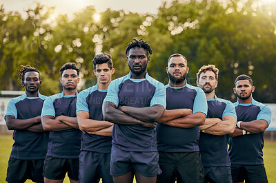 Buy stock photo Rugby, power and portrait of team of men with serious expression, confidence and pride in winning game. Fitness, sports and diversity, players at match, workout or competition on field at stadium.