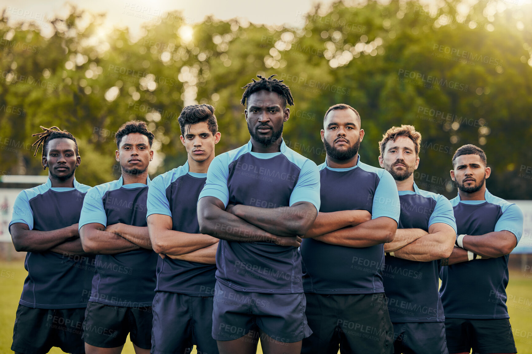 Buy stock photo Rugby, power and portrait of team of men with serious expression, confidence and pride in winning game. Fitness, sports and diversity, players at match, workout or competition on field at stadium.