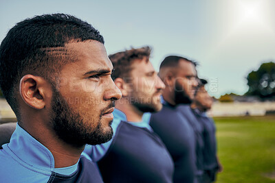 Buy stock photo Rugby, sports and teamwork with men on field for training practice, fitness and challenge. Serious, power and performance with group of athletes for exercise goals, solidarity and commitment
