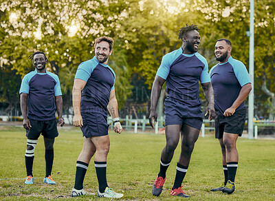 Buy stock photo Rugby, men on team and diversity on field, sports and strong athlete group outdoor with fitness and muscle. Professional players, sport club and exercise with training for match, happy and teamwork