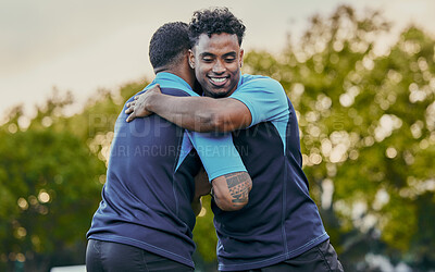 Buy stock photo Man, friends and hug in sports for partnership, teamwork or trust in unity for game or match in nature. Happy men hugging in sport practice, rugby or workout exercise in team training outdoors